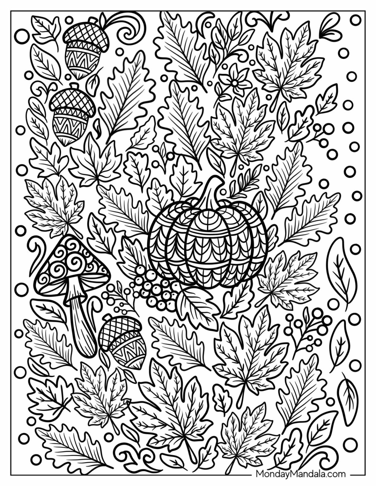 Ornate Fall Scene with Acorns, Berries, and Forest Leaves Coloring Page