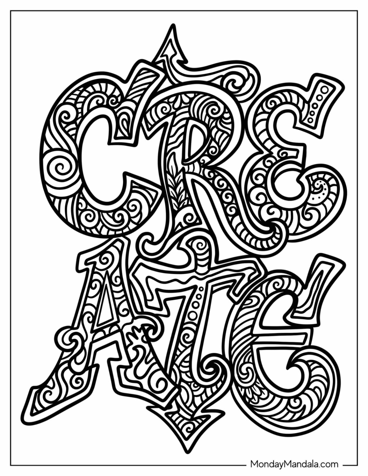Ornate Graffiti Lettering with Swirls and Decorative Patterns Coloring Sheet