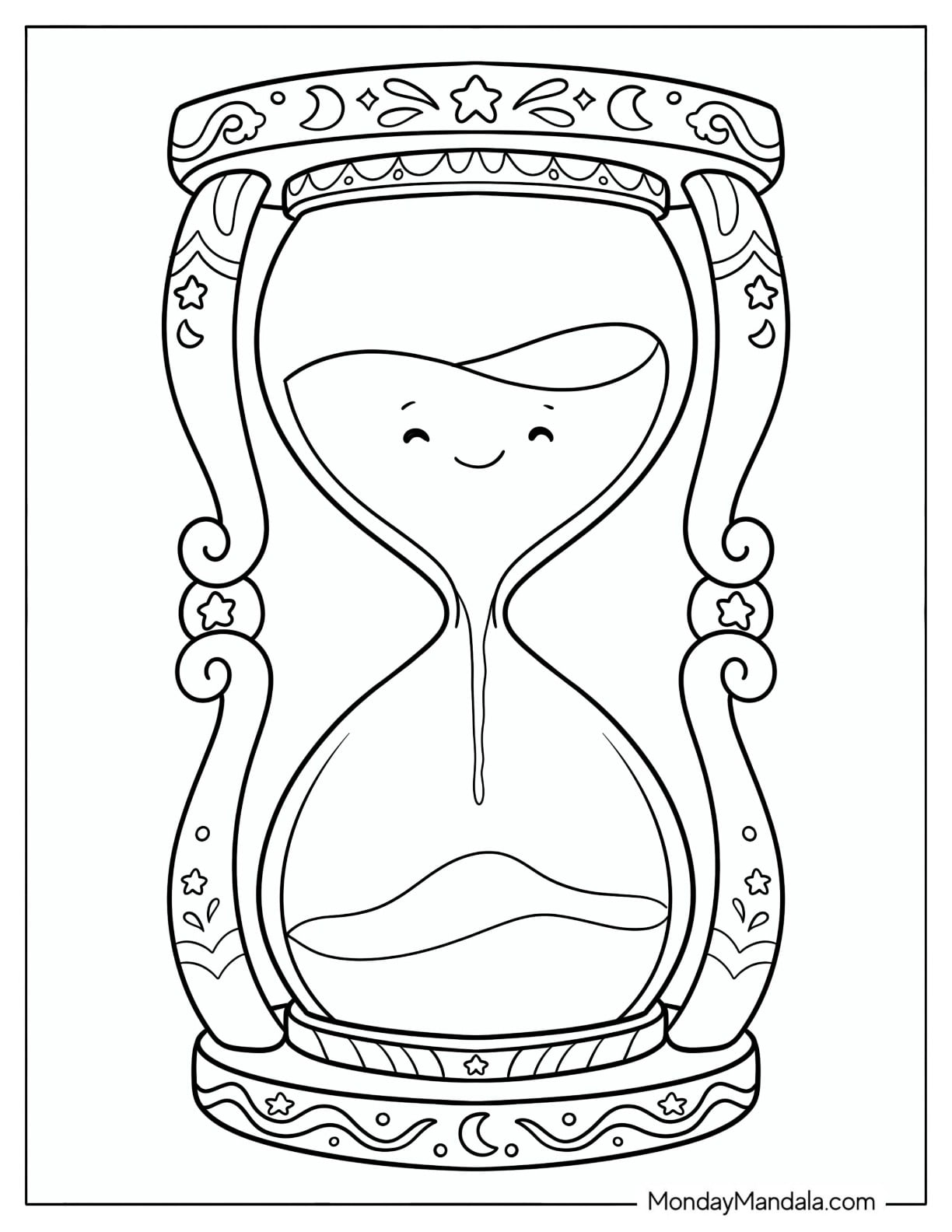 Ornate Hourglass with Moon and Star Decorations Coloring Page for Kids