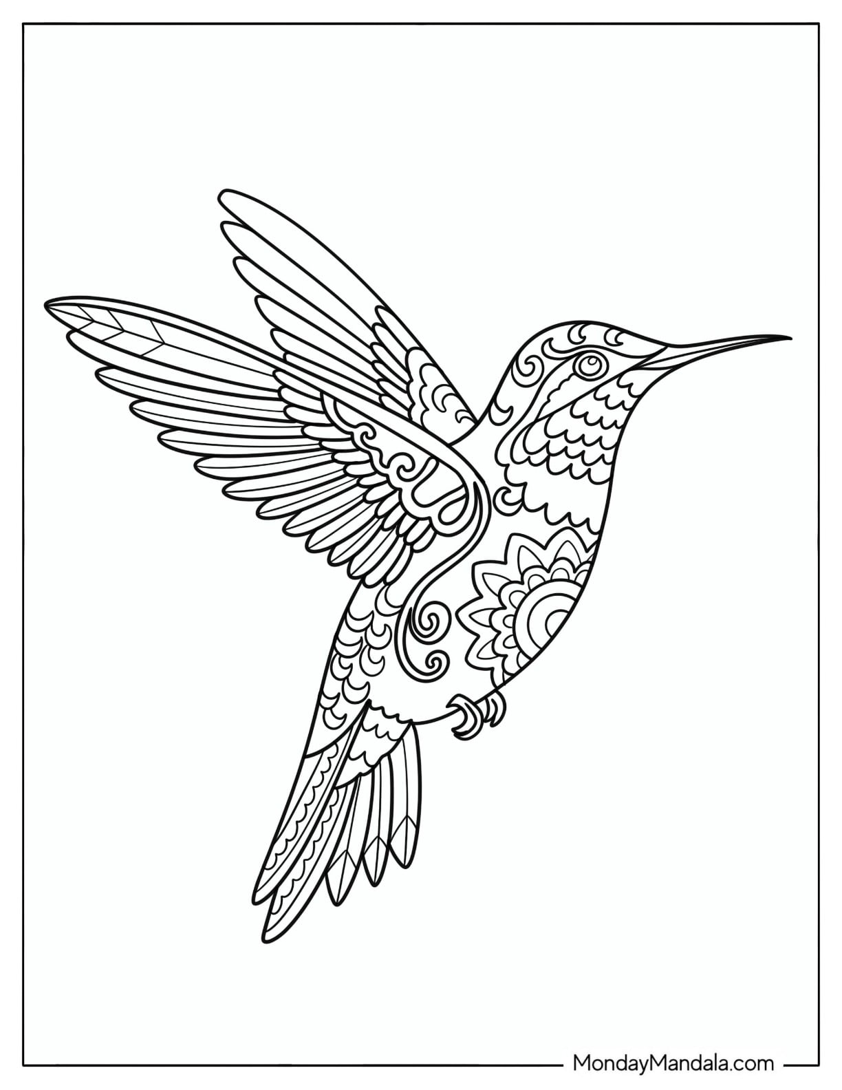 Ornate Hummingbird with Floral Patterns in Flight