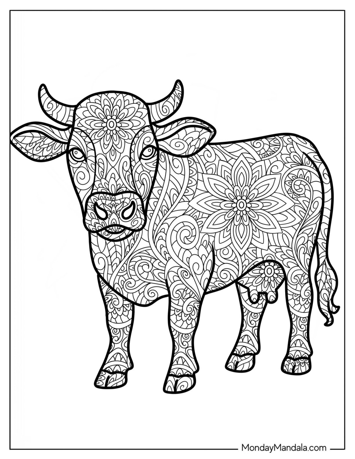 Ornate Mandala Cow Coloring Page With Floral And Swirl Patterns
