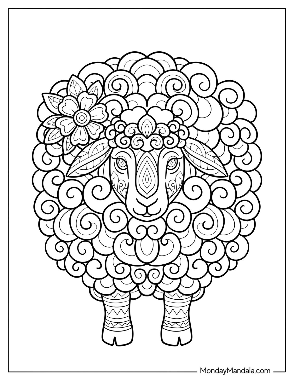 Ornate Mandala Sheep Coloring Page with Swirly Wool for Adults