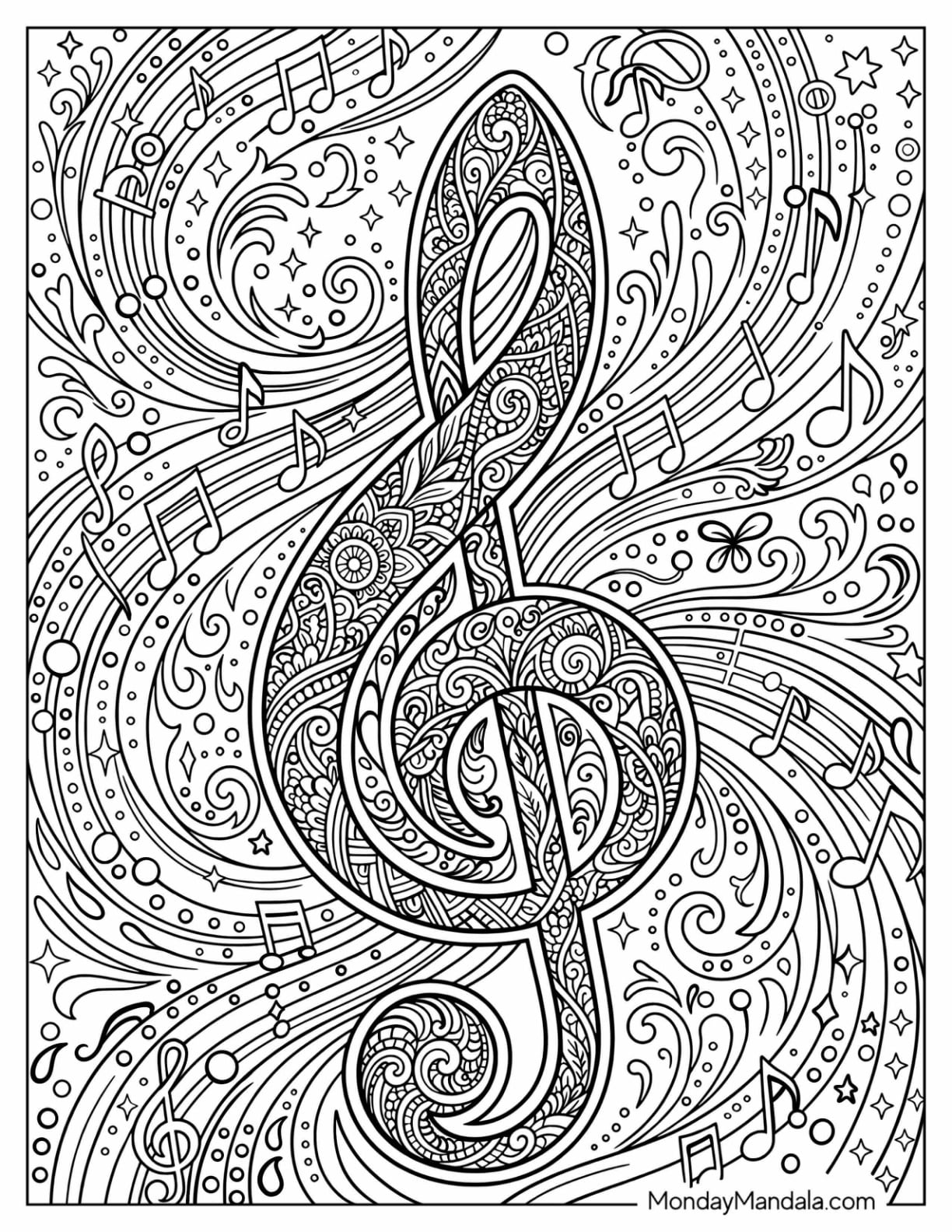 Ornate Musical Treble Clef with Musical Notes and Swirling Patterns Coloring Page