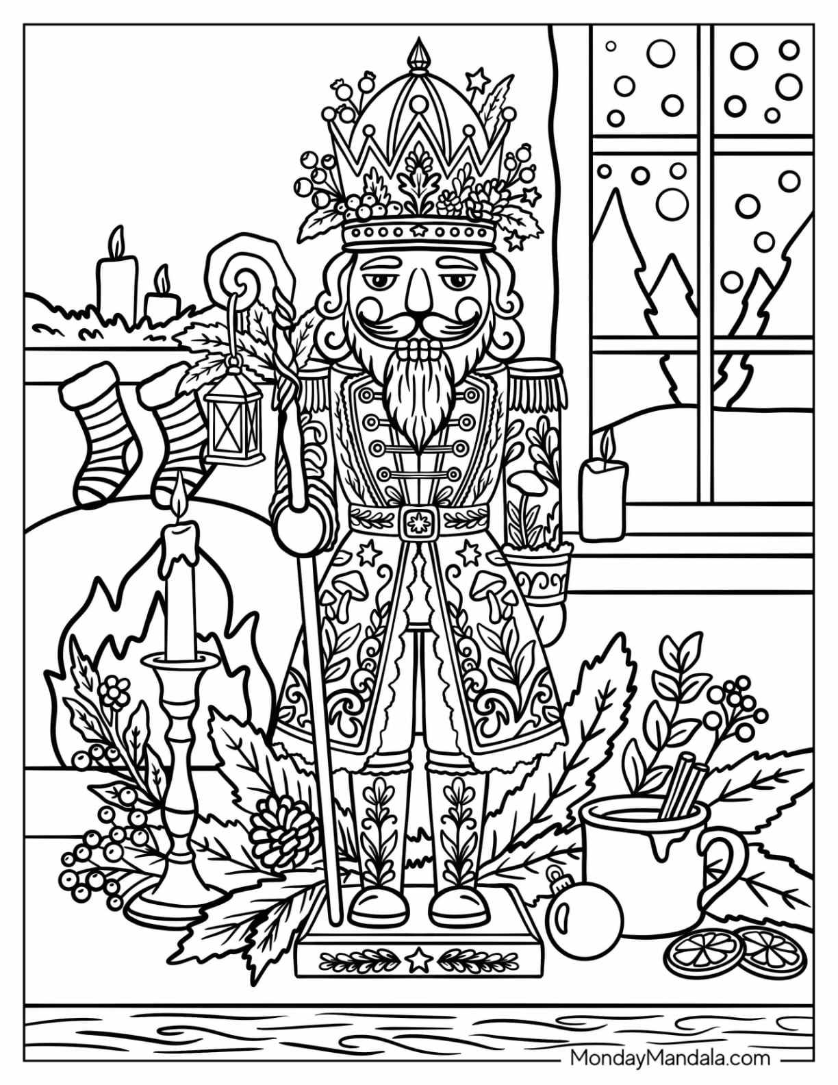 Ornate Nutcracker King Holding a Candy Cane by a Christmas Fireplace Coloring Page