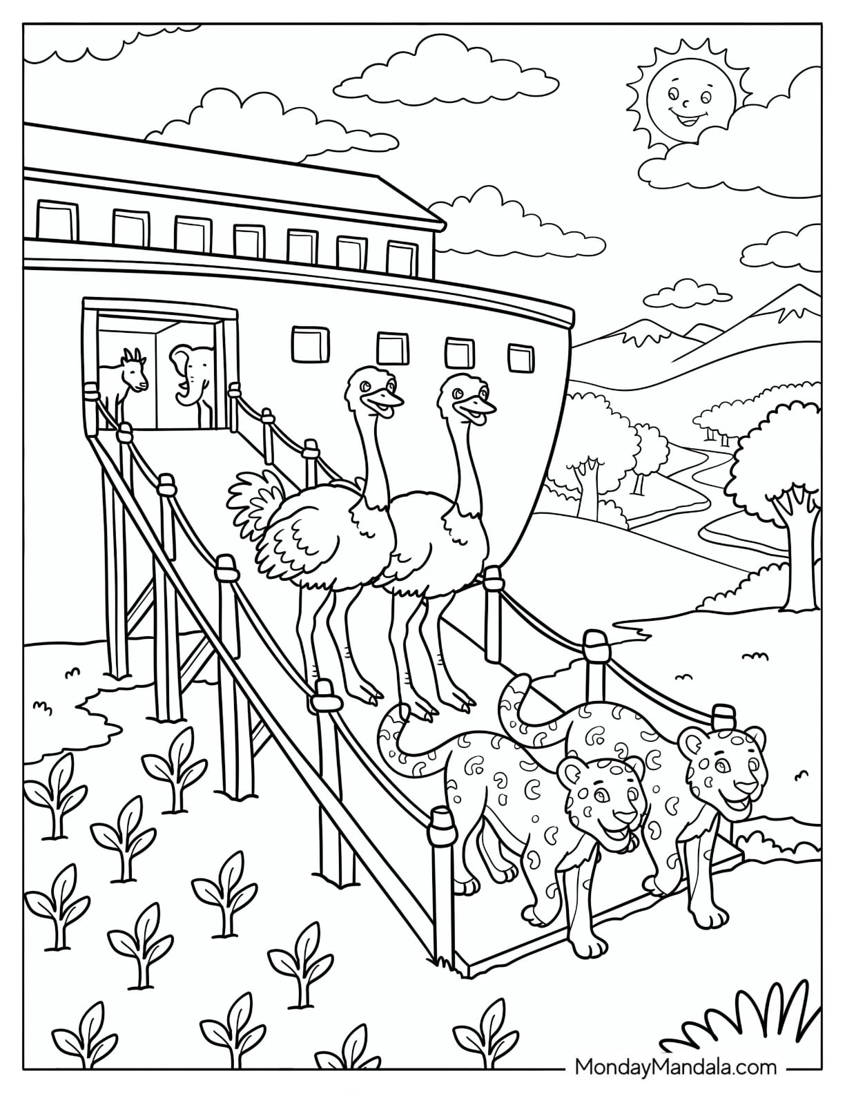 Ostrich and Jaguar Leaving Noah s Ark Coloring Page for Kids
