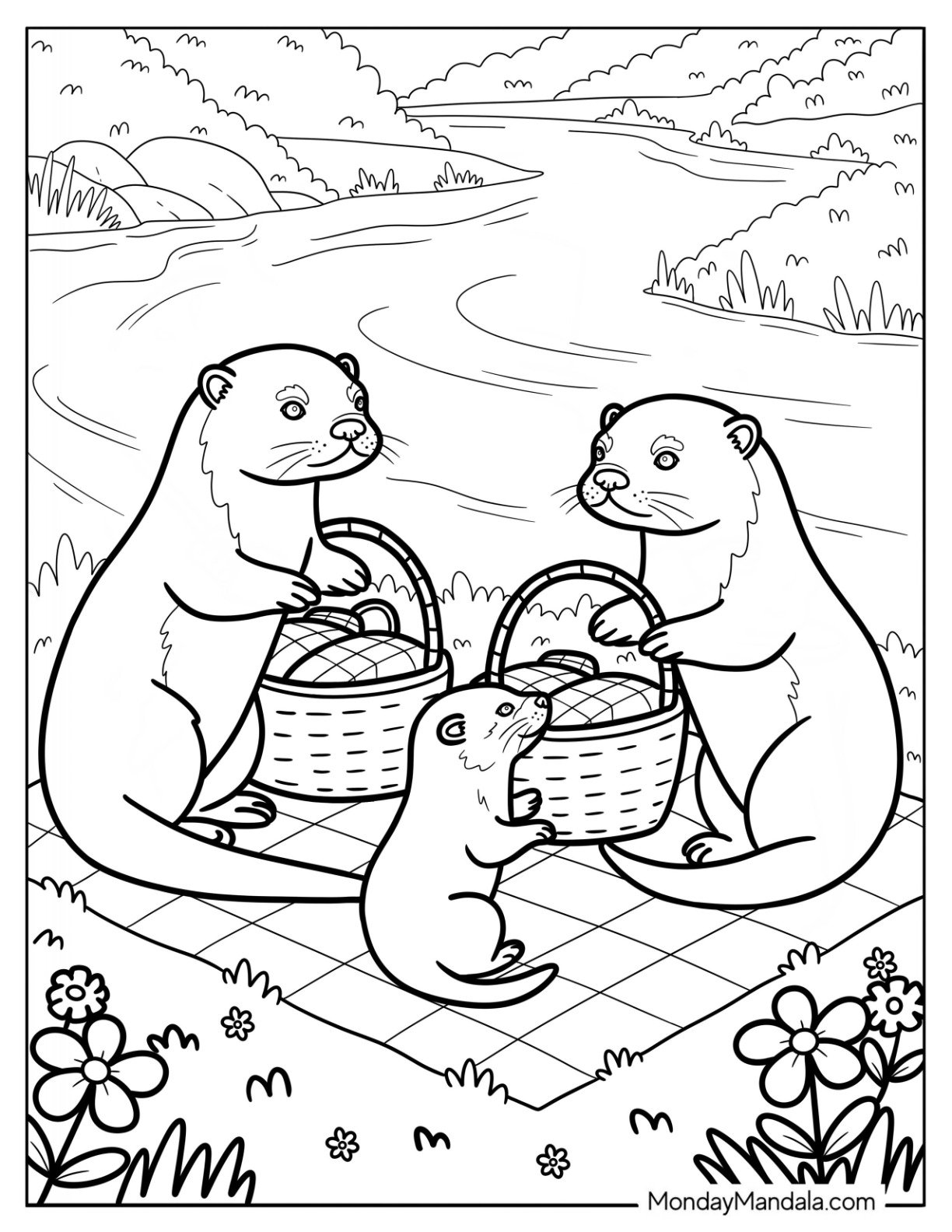 Otter Coloring Page Family Having a Picnic by the River