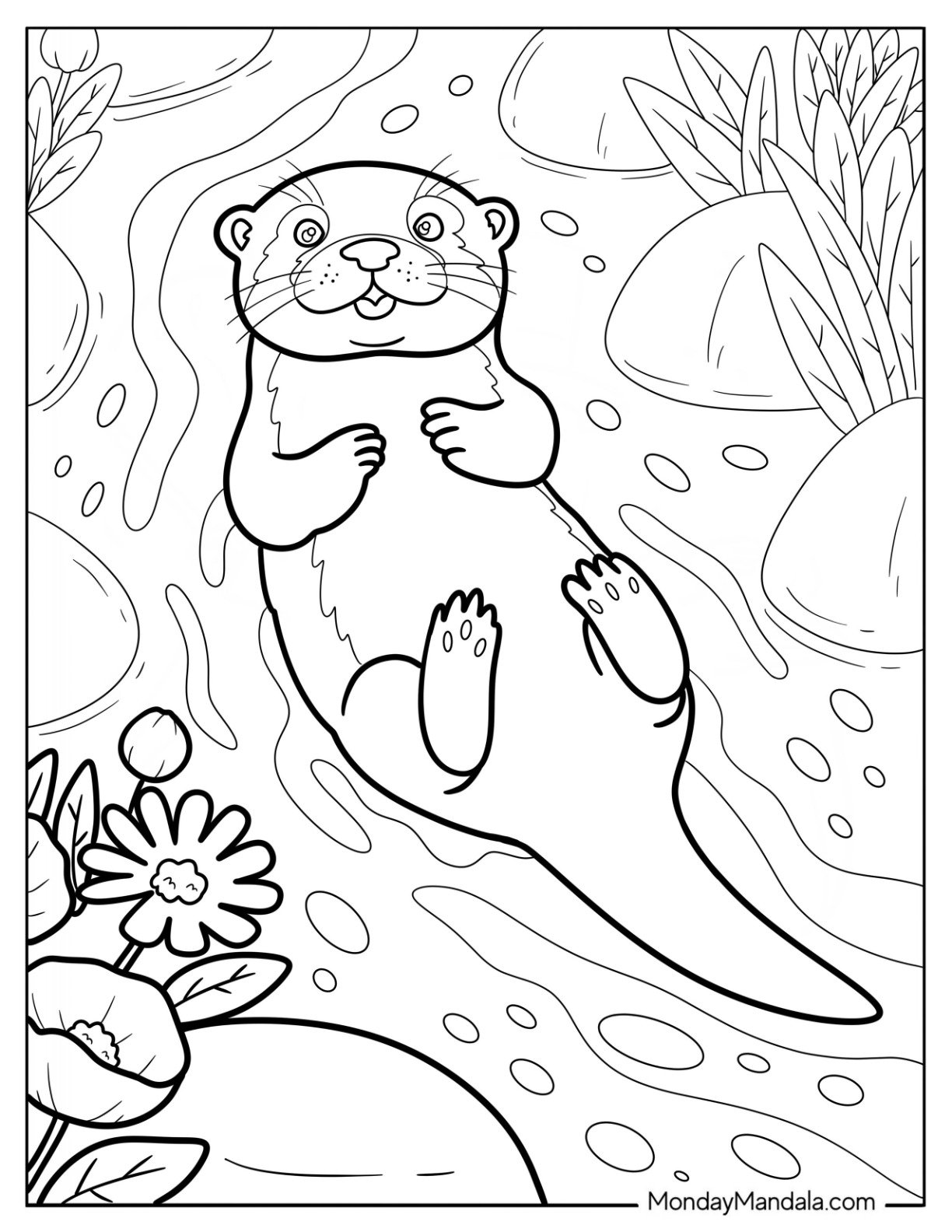 Otter Coloring Page Floating in the River Next to Rocks and Plants