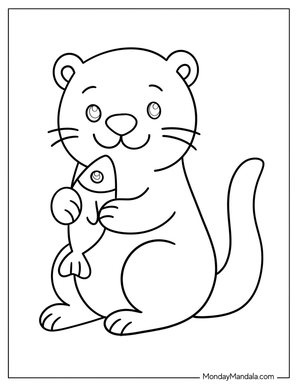 Otter Coloring Page Holding Fish Outline for Preschoolers