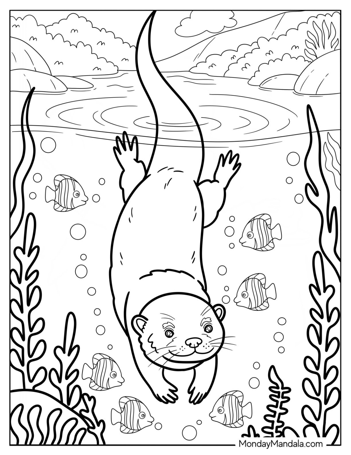 Otter Coloring Page Diving Deep in the Water with Fish