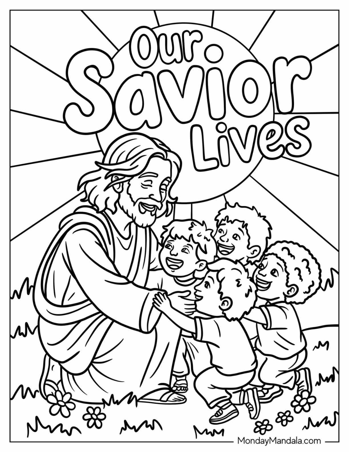 Religious Easter Coloring Page of Our Savior Lives with Jesus Hugging Children