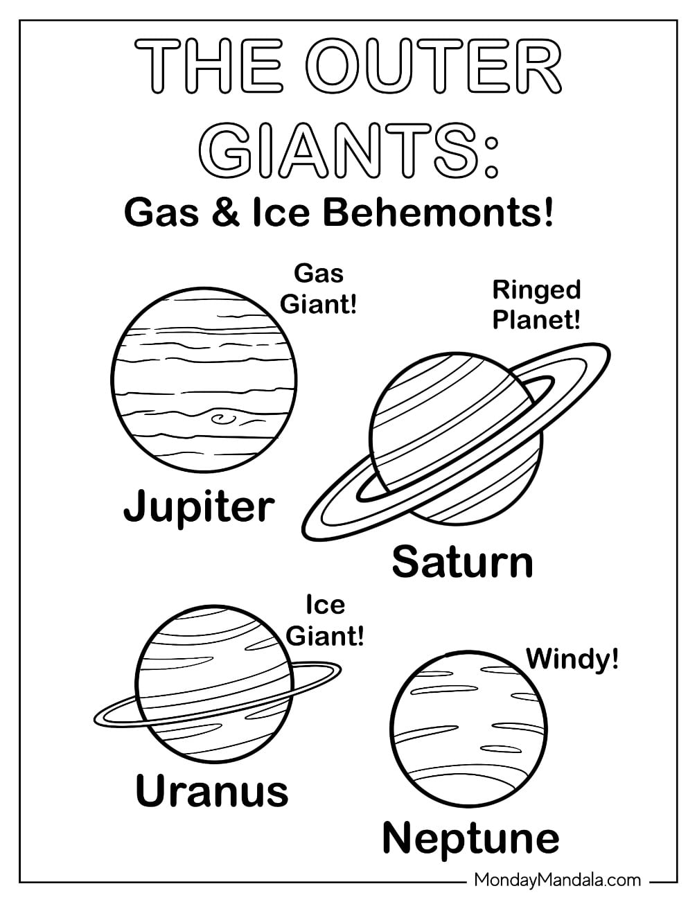 Solar System Coloring Page of Outer Giant Planets Jupiter, Saturn, Uranus, and Neptune