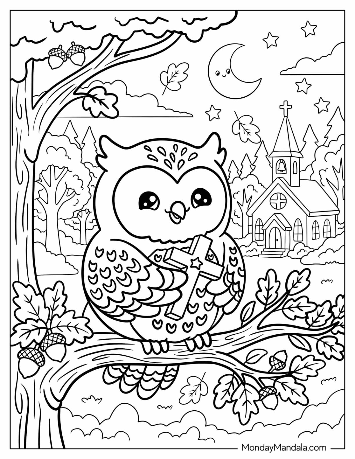 Owl Holding a Cross Near a Church on Christian Halloween Coloring Page