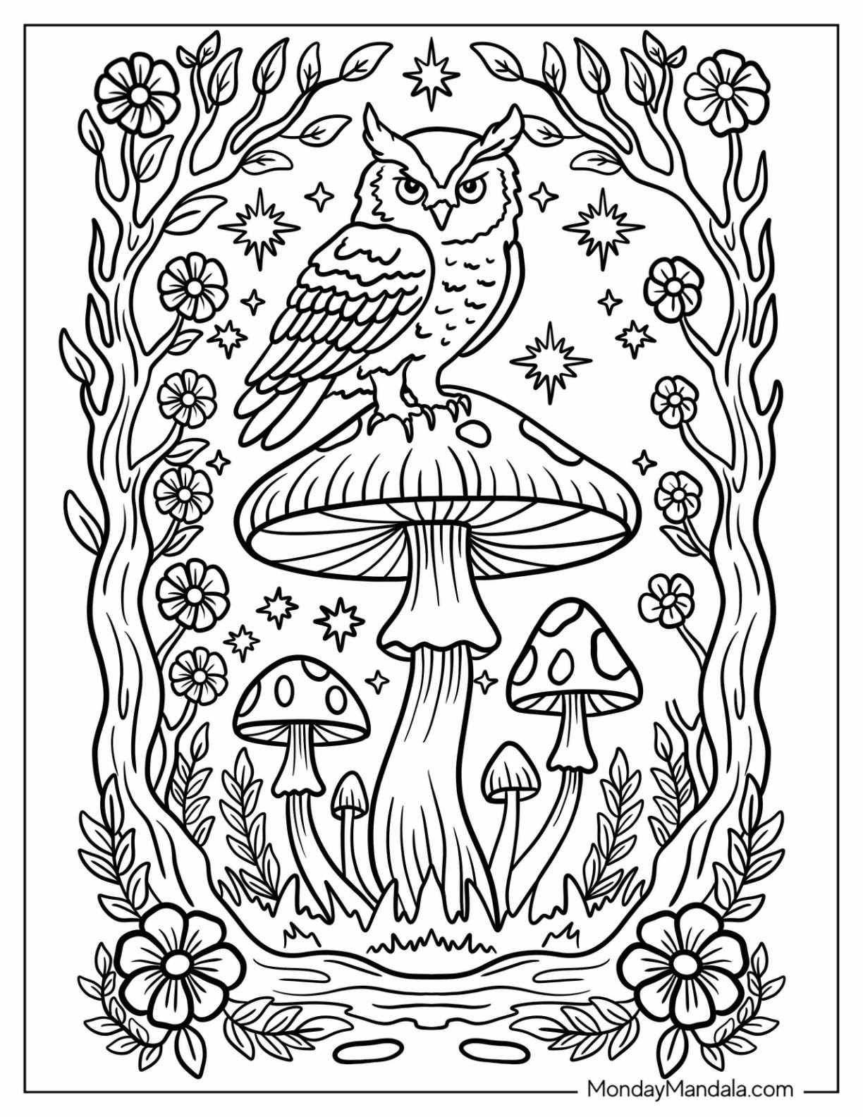 Owl Perched on Mushroom Surrounded by Forest Flowers and Stars