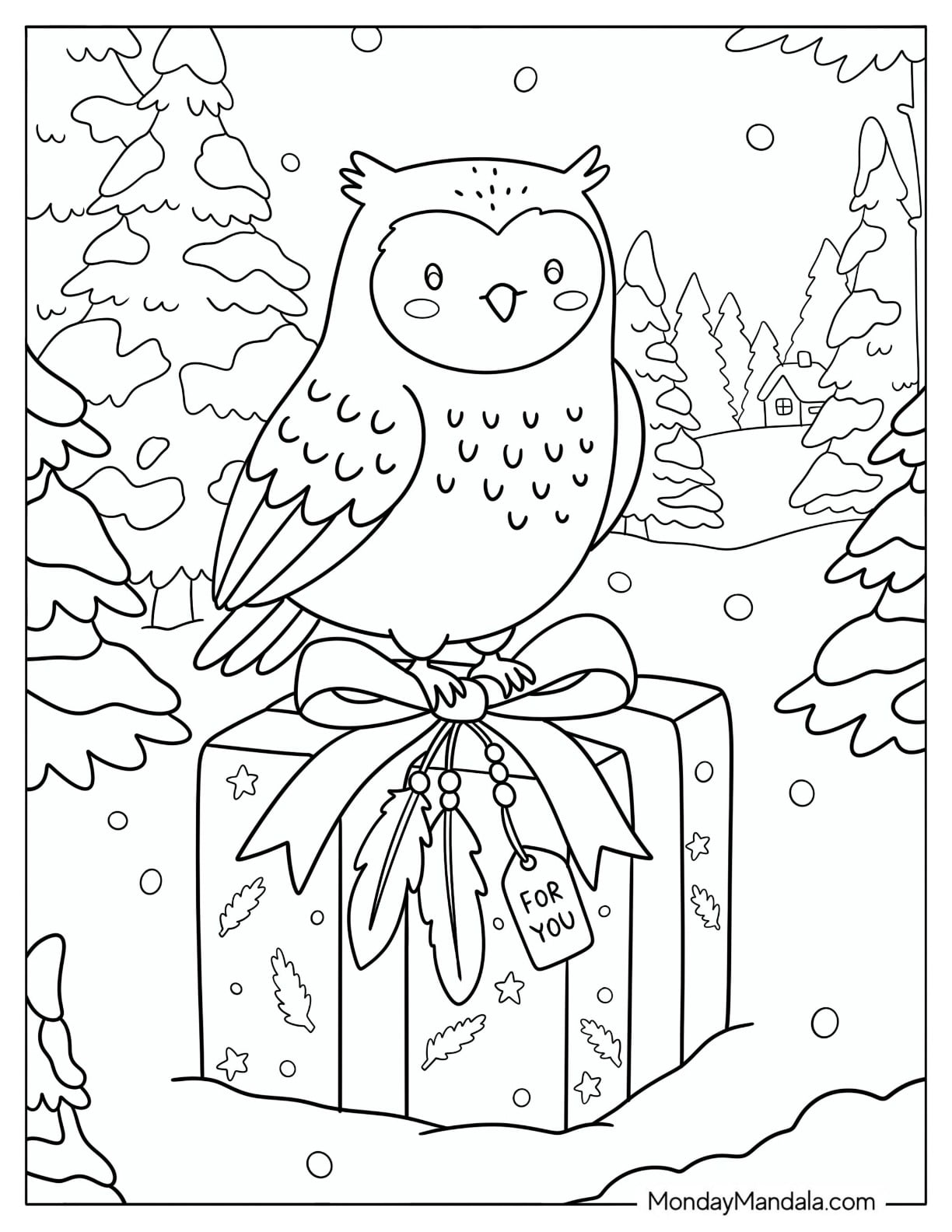 Owl Perched on a Christmas Present in a Snowy Forest Coloring Page for Kids