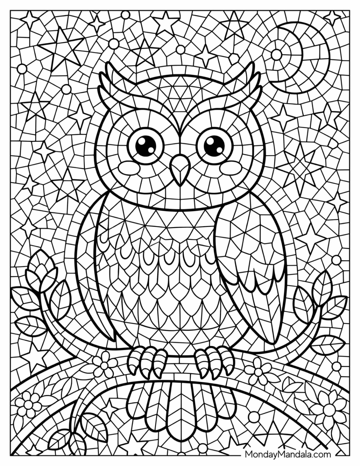 Owl Perched on a Flowering Branch Mosaic Coloring Page for Kids