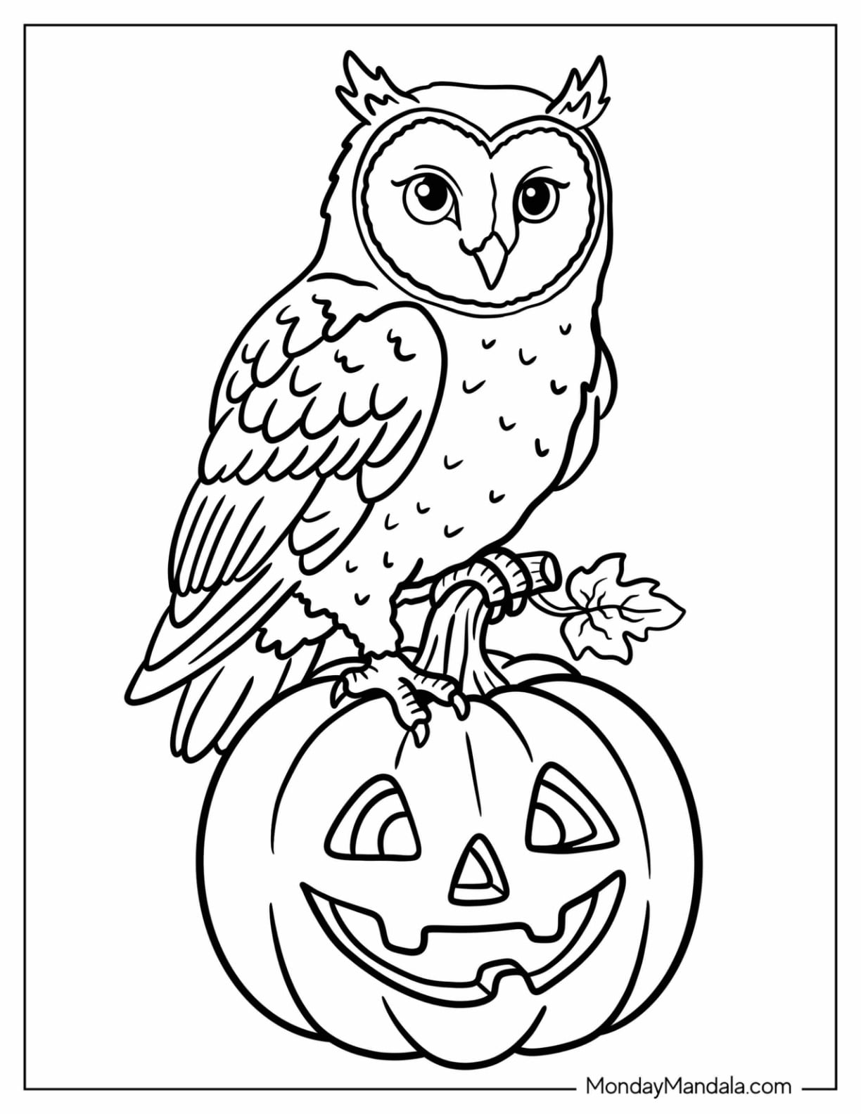 Owl Perched on a Jack O’ Lantern Coloring Page for Kids
