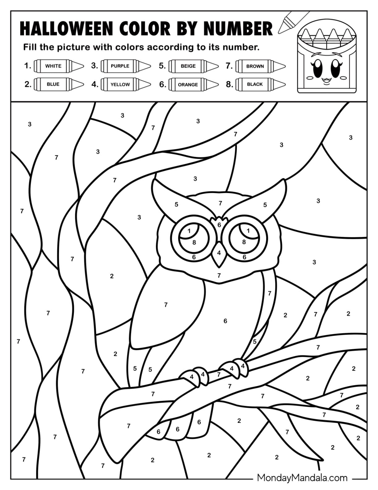 Owl Perched on a Tree Halloween Color by Number