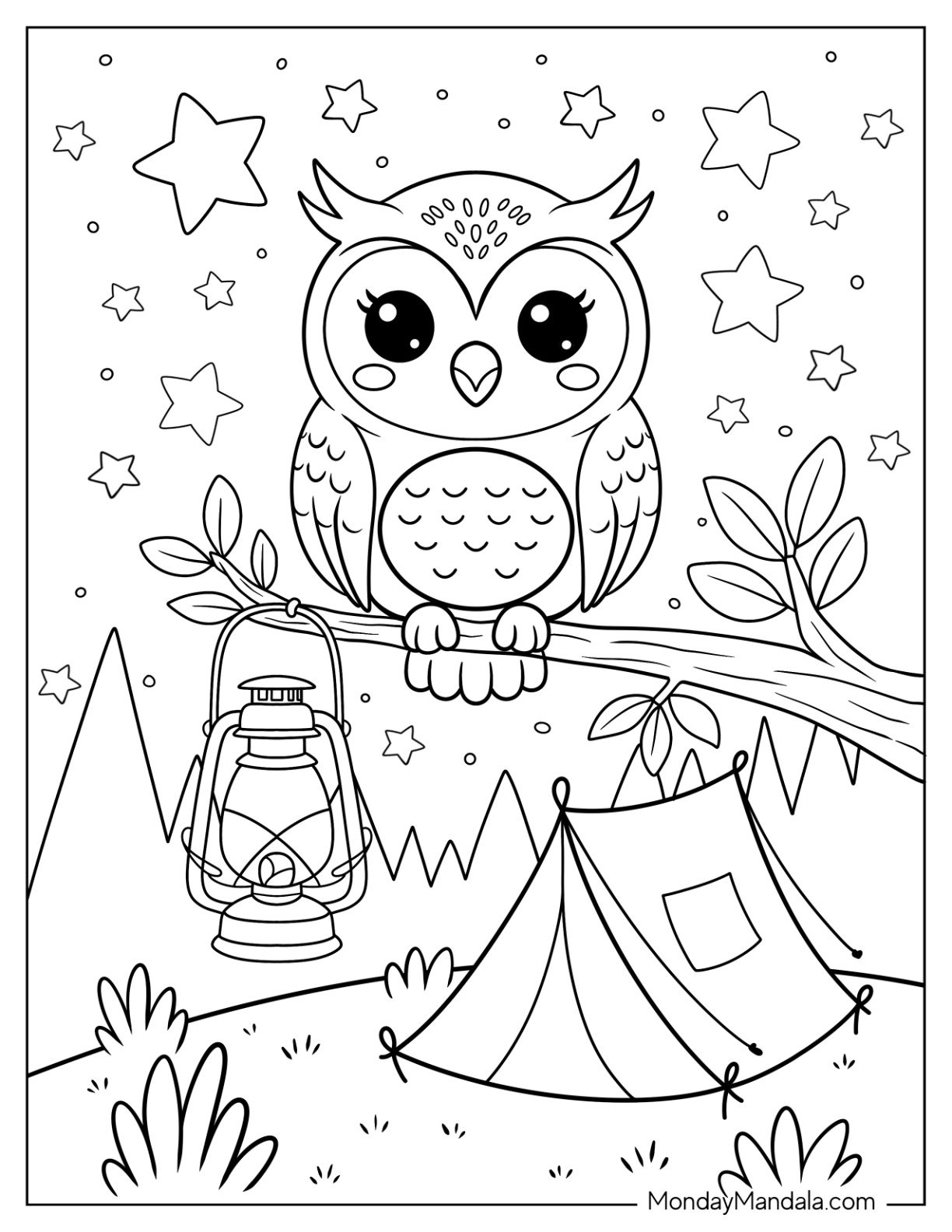Camping & Hiking Coloring Page of Owl Watching Over Tent Under Starry Night Sky for Kids