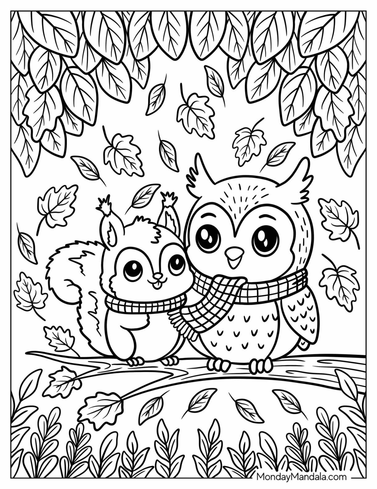 Owl and Squirrel Sharing a Scarf in Autumn Coloring Page