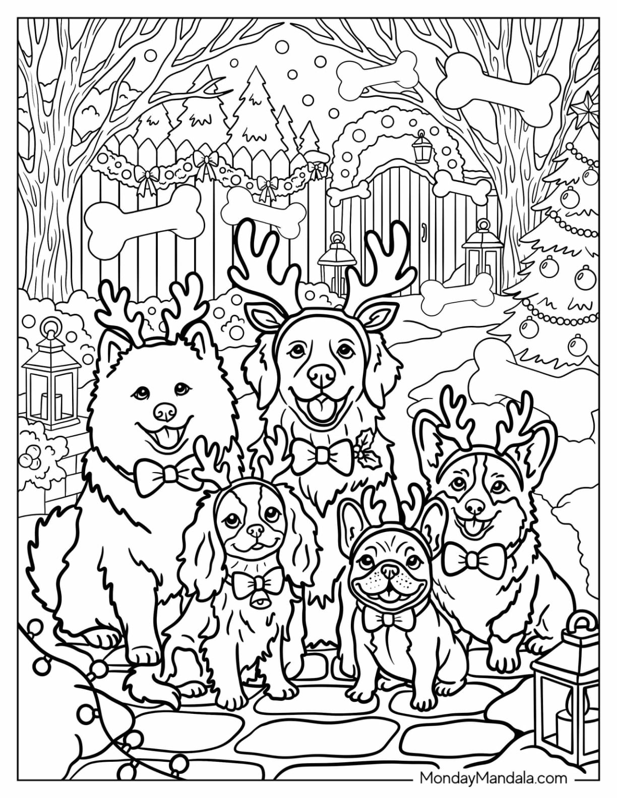 Pack of Happy Dogs with Reindeer Antlers Christmas Coloring Page for Adults