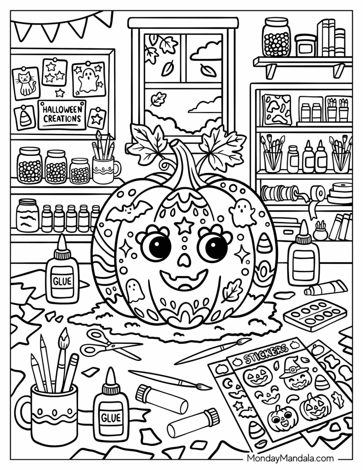 Painted Halloween Pumpkin in an Art Room Coloring Page