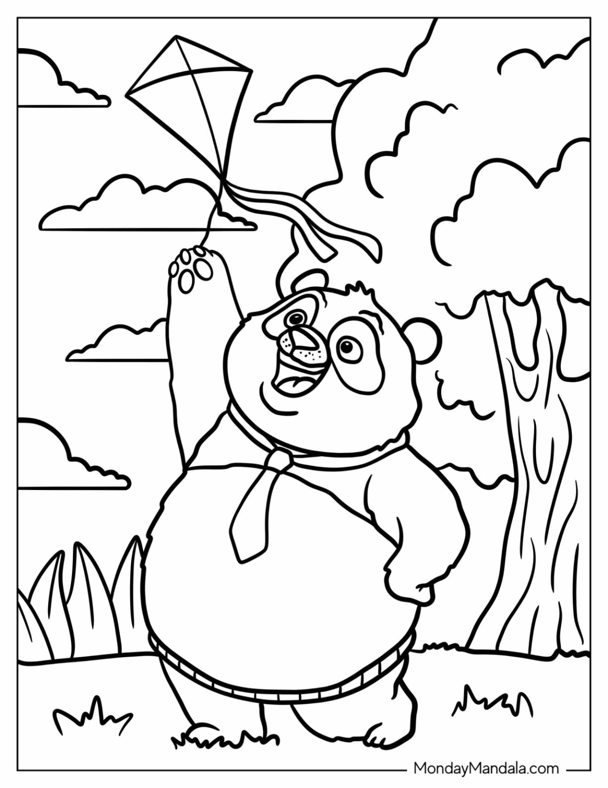 Panda Flying a Kite Coloring Page in the Park for Kids
