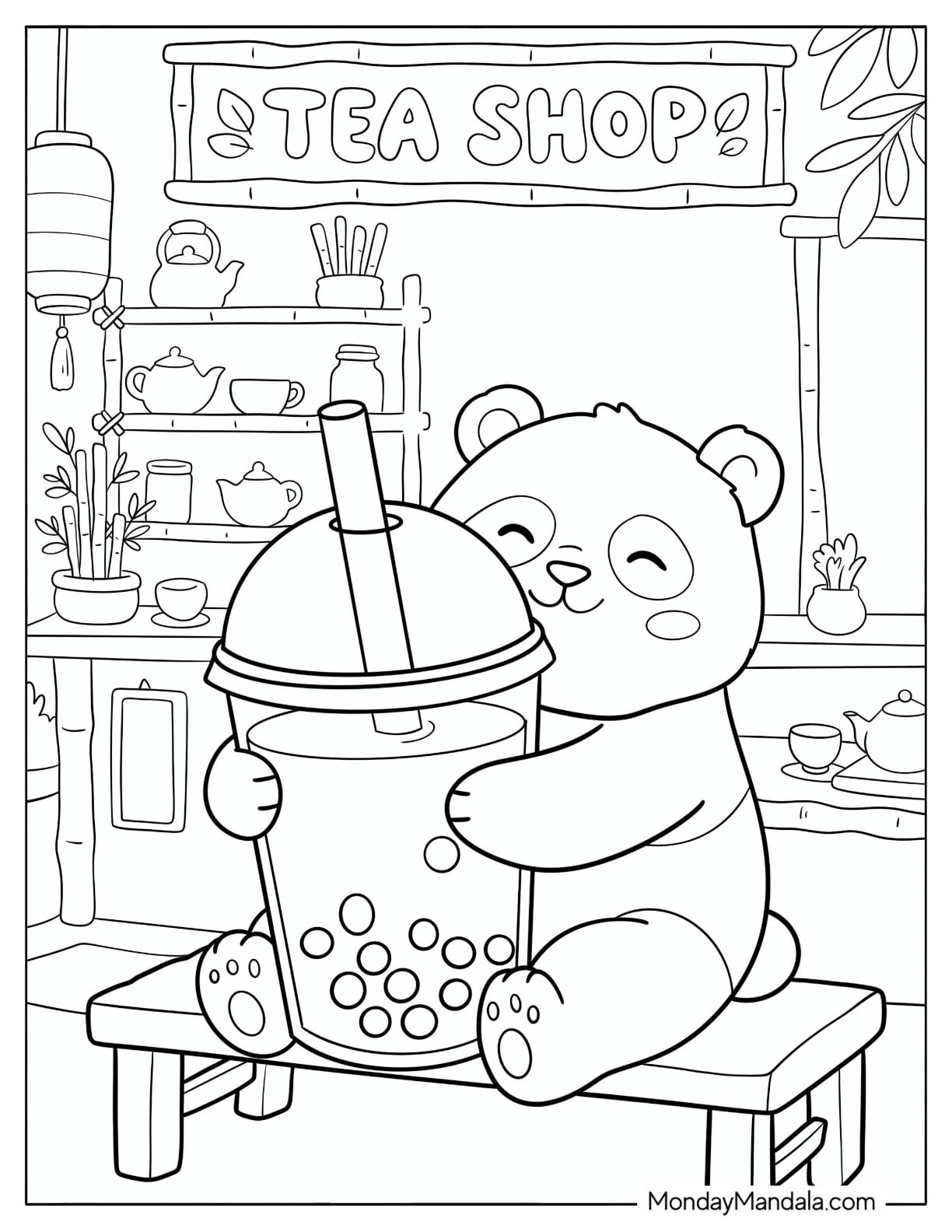 Panda Hugging a Giant Boba Tea Coloring Sheet for Kids