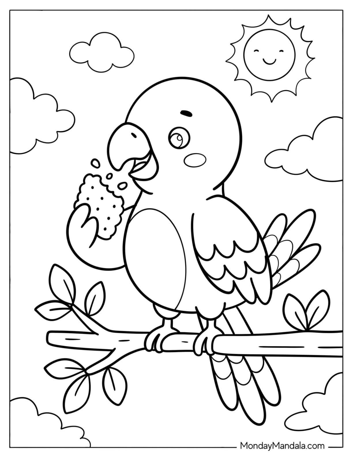 Parakeet Eating Corn on a Branch Coloring Page for Kids