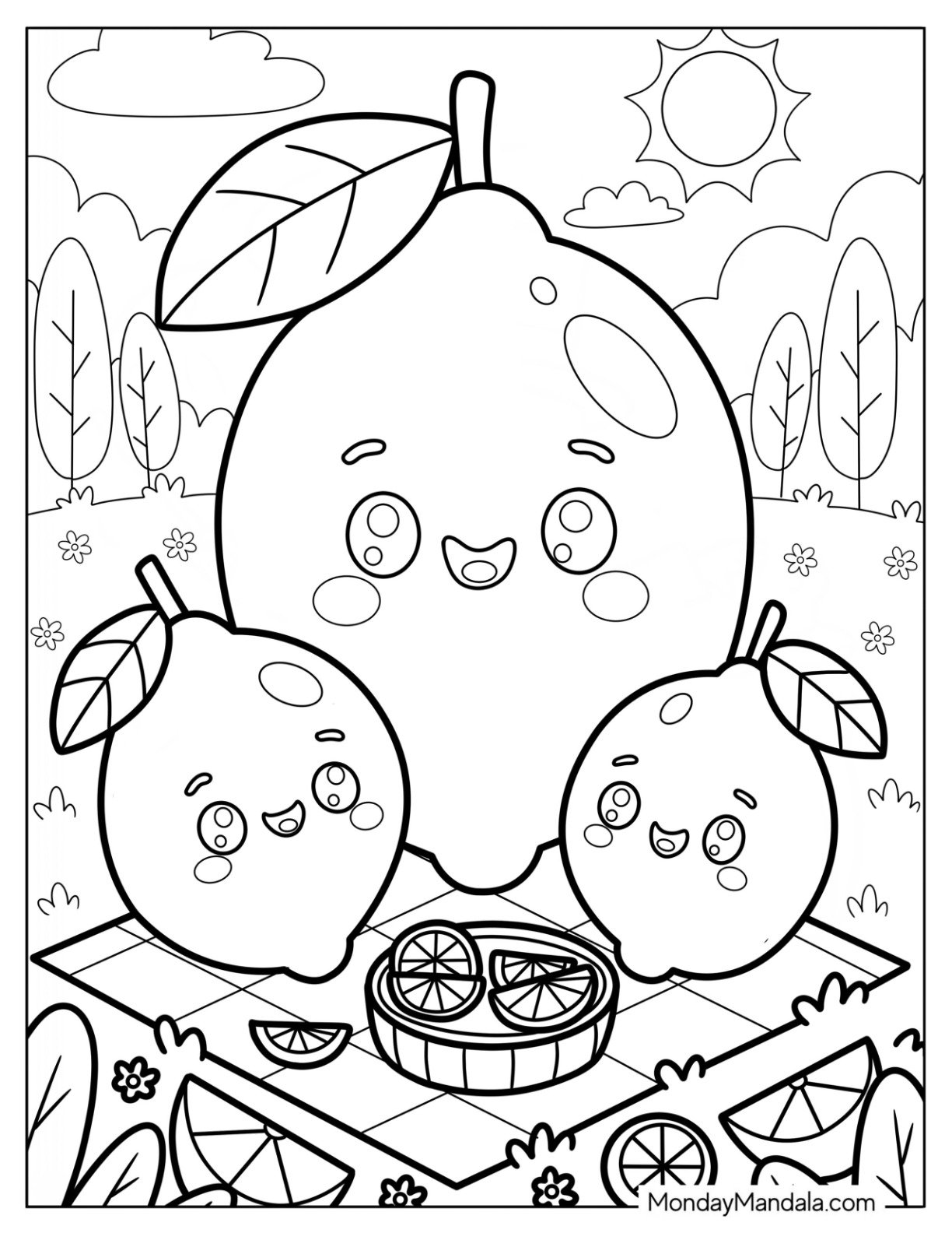 Parent Lemon Coloring Page with Baby Lemons on a Picnic Mat 