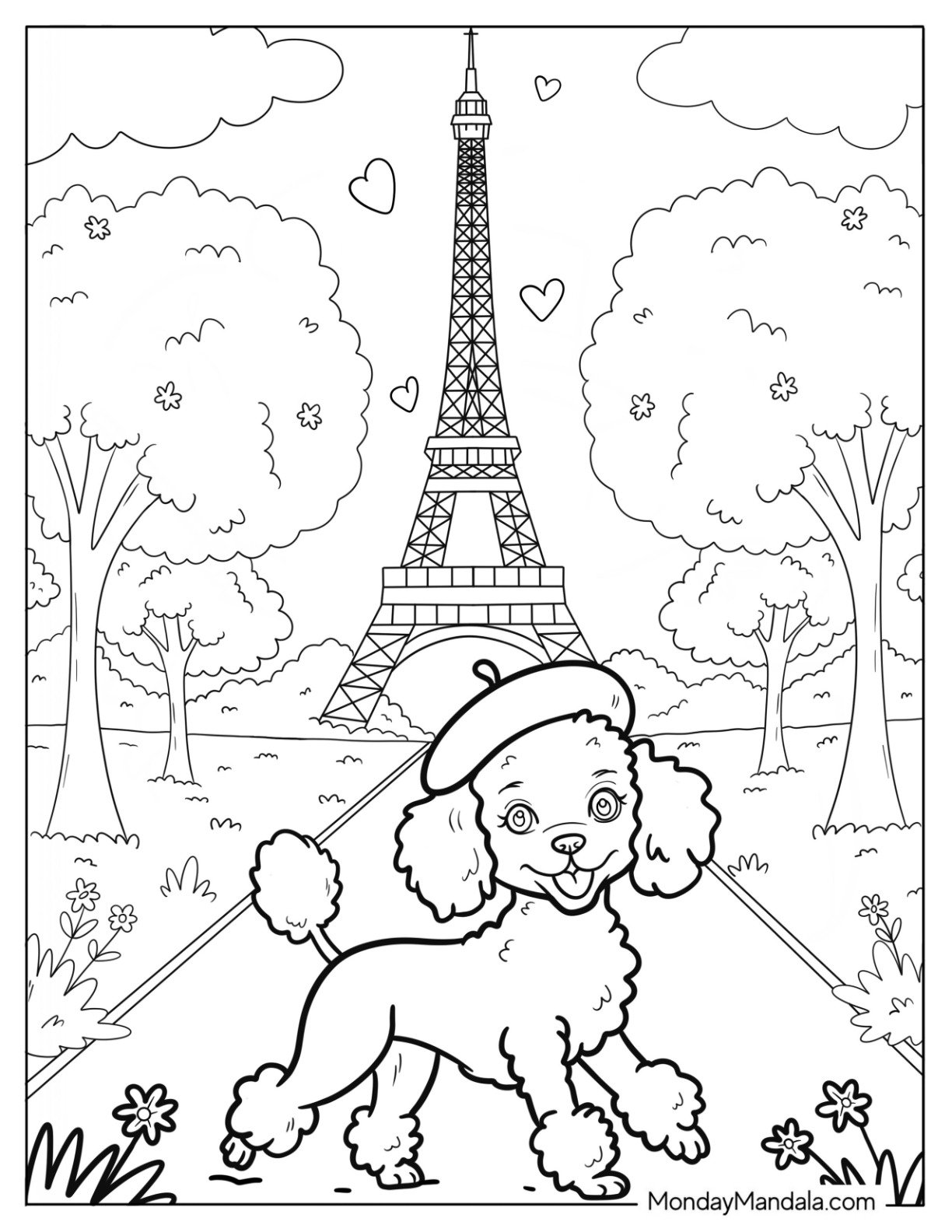 Paris Poodle Coloring Page with Beret in Front of Eiffel Tower for Kids