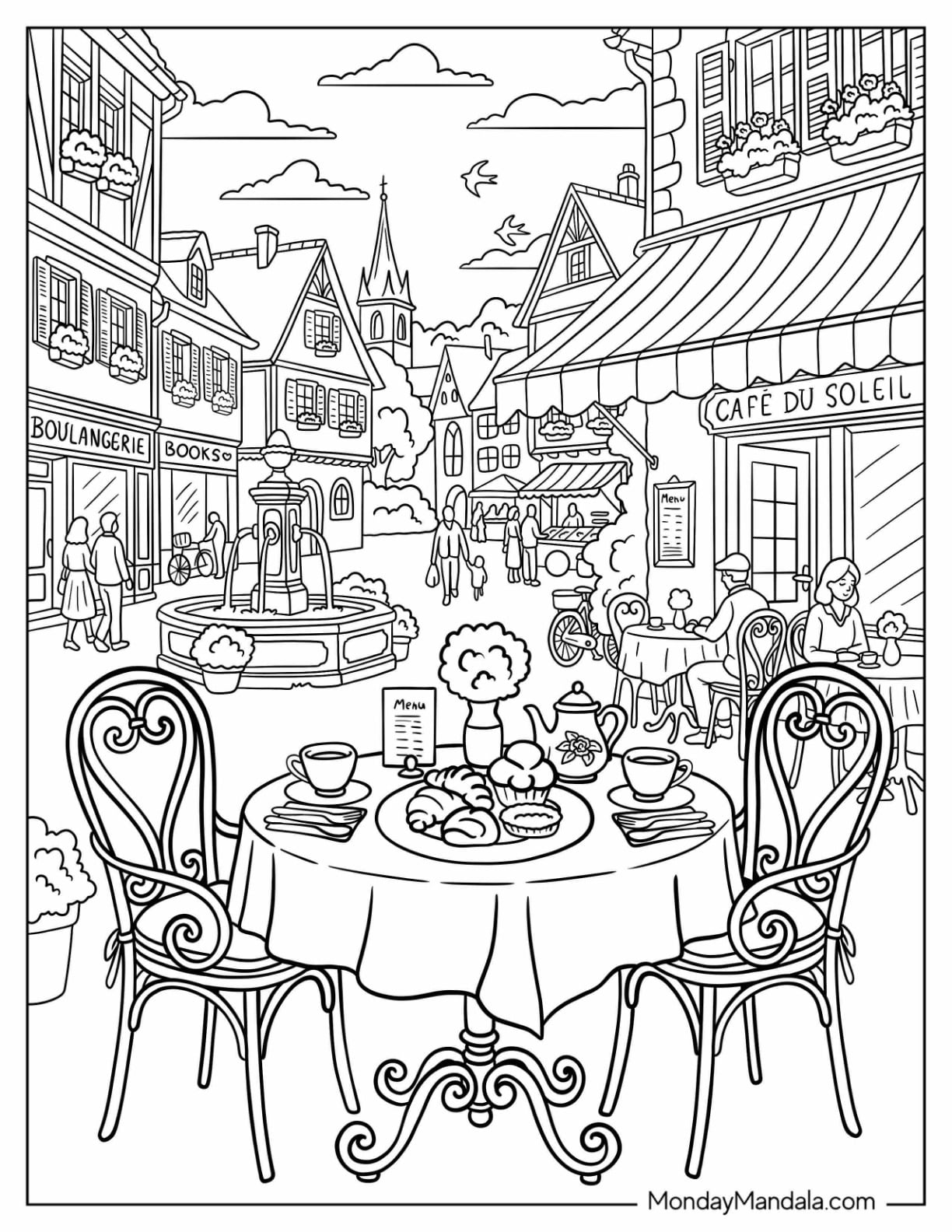 Parisian Café Street with Outdoor Dining Coloring Page for Adults