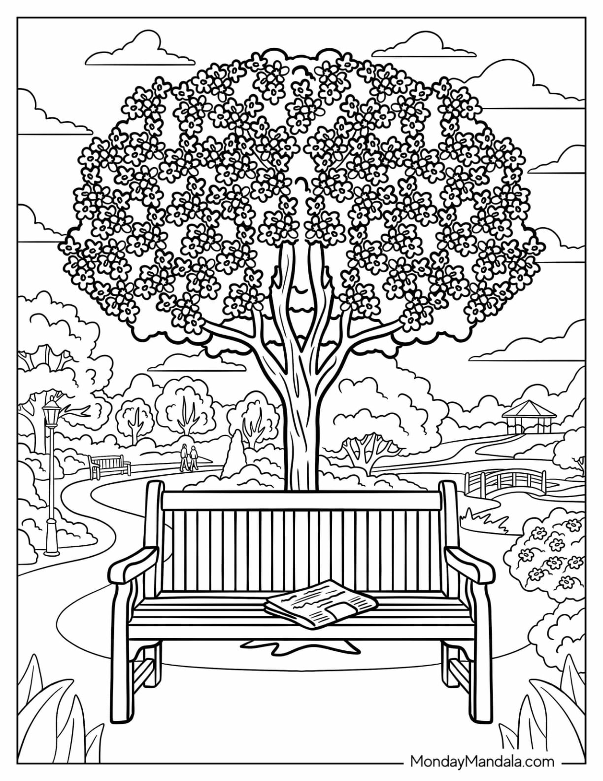Park Bench Beneath a Flowering Tree with a Book and Garden View