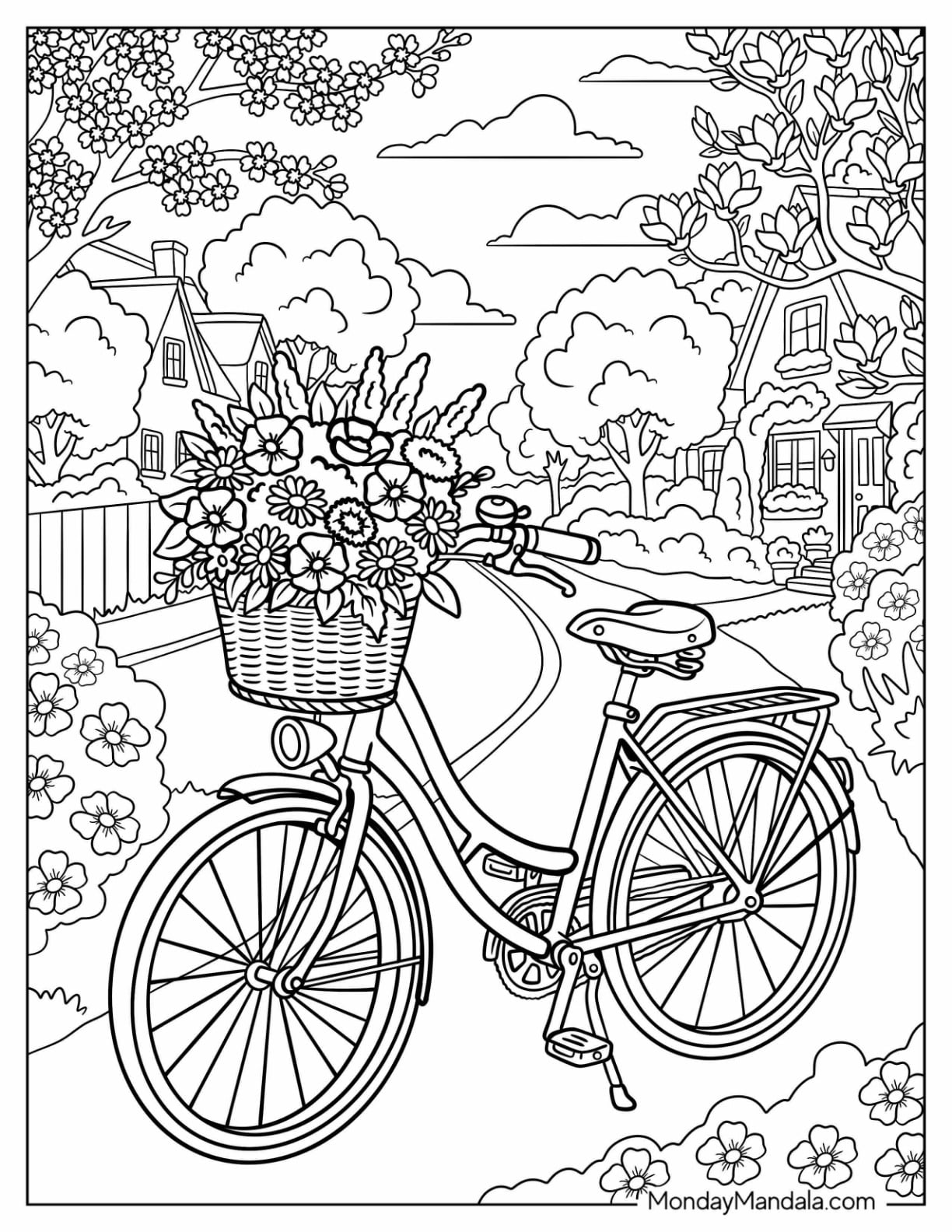 Parked Bicycle with a Flower Basket Coloring Sheet