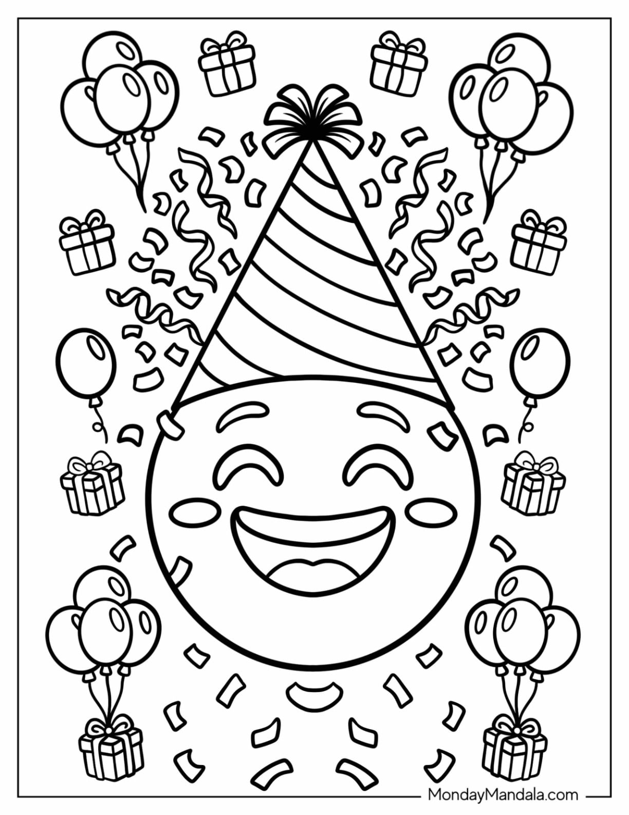 Party Face Emoji Coloring Page with Balloons and Gifts