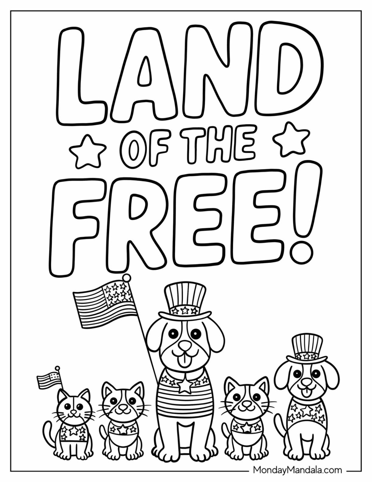 Patriotic Cats and Dogs in 4th of July Coloring Page Costumes with Flags for Preschoolers