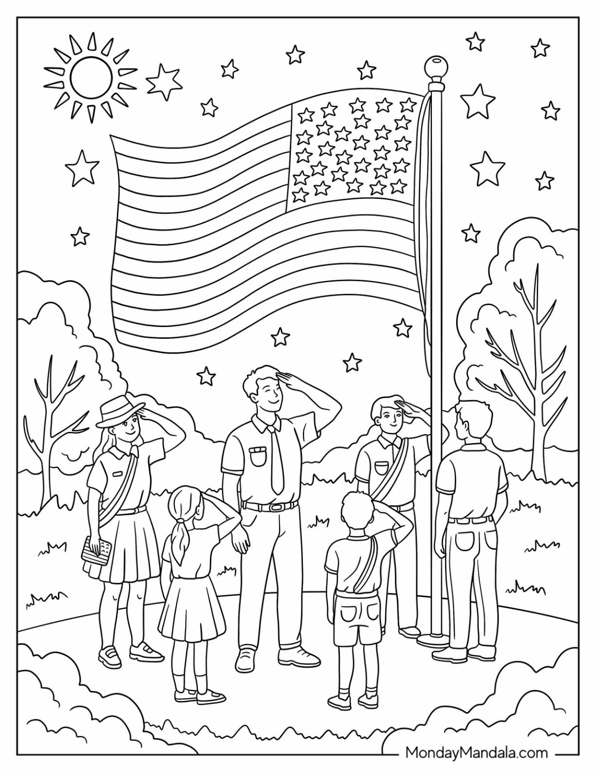Patriotic Flag Raising Ceremony with Kids and Adults on 4th of July Coloring Page