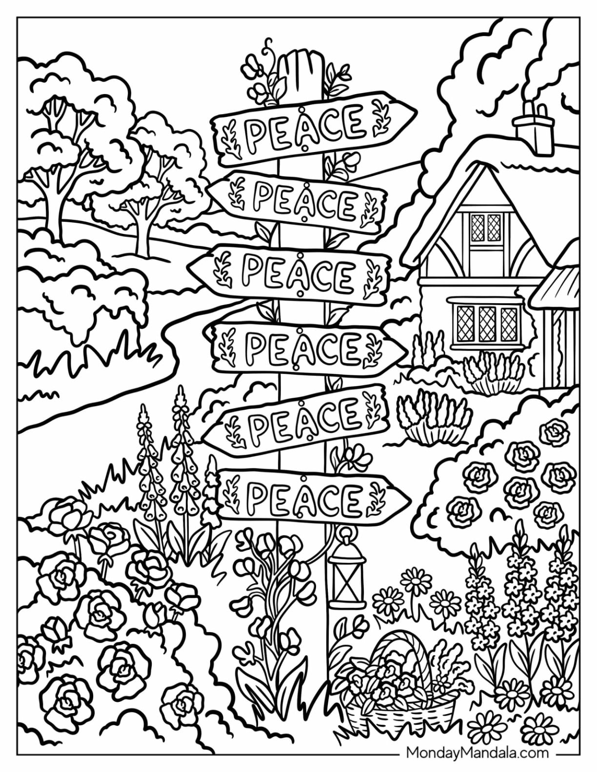 Peace Signpost in a Flower Garden Coloring Sheet