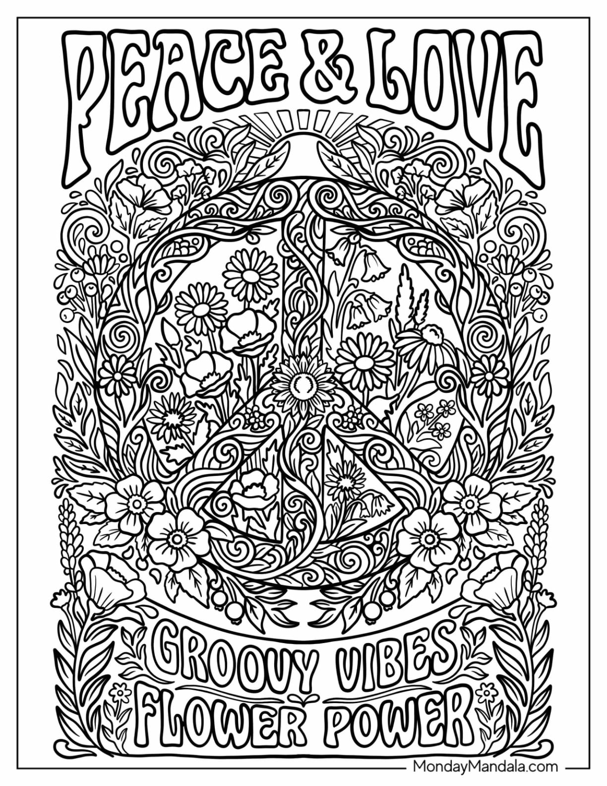 Peace and Love Floral Peace Sign Coloring Page