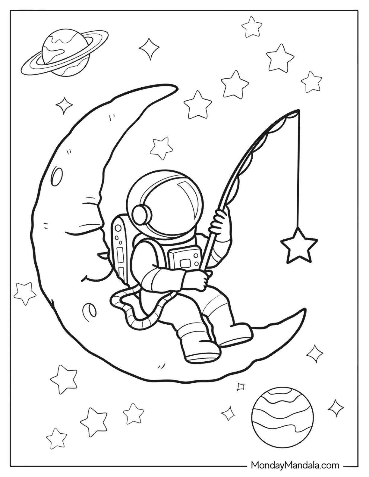 Peaceful Astronaut Sitting on Crescent Moon Fishing for Stars Coloring Sheet For Kids
