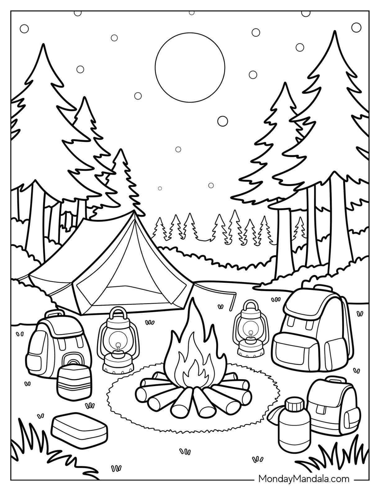 Peaceful Camping & Hiking Coloring Page Site with Bonfire, Bags, and Tents