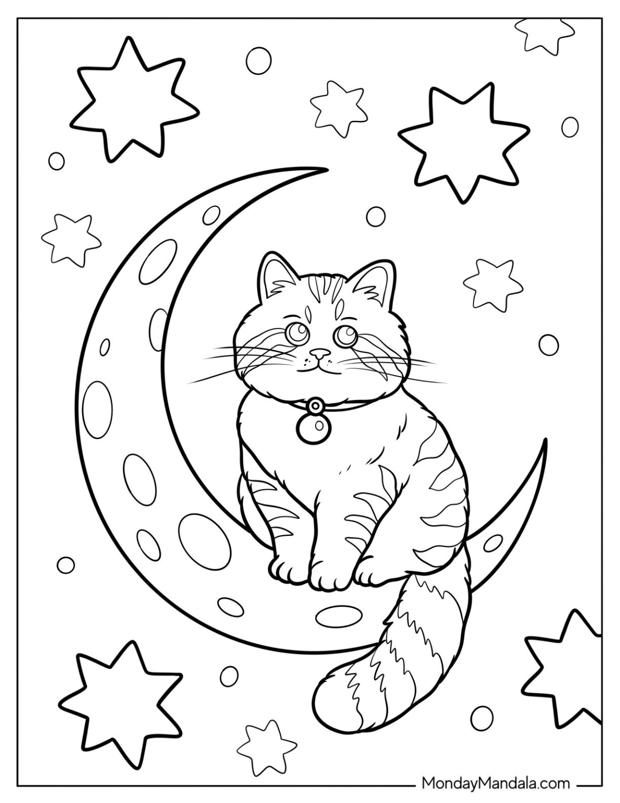 Peaceful Cat Coloring Page Sitting on a Crescent Moon in the Sky