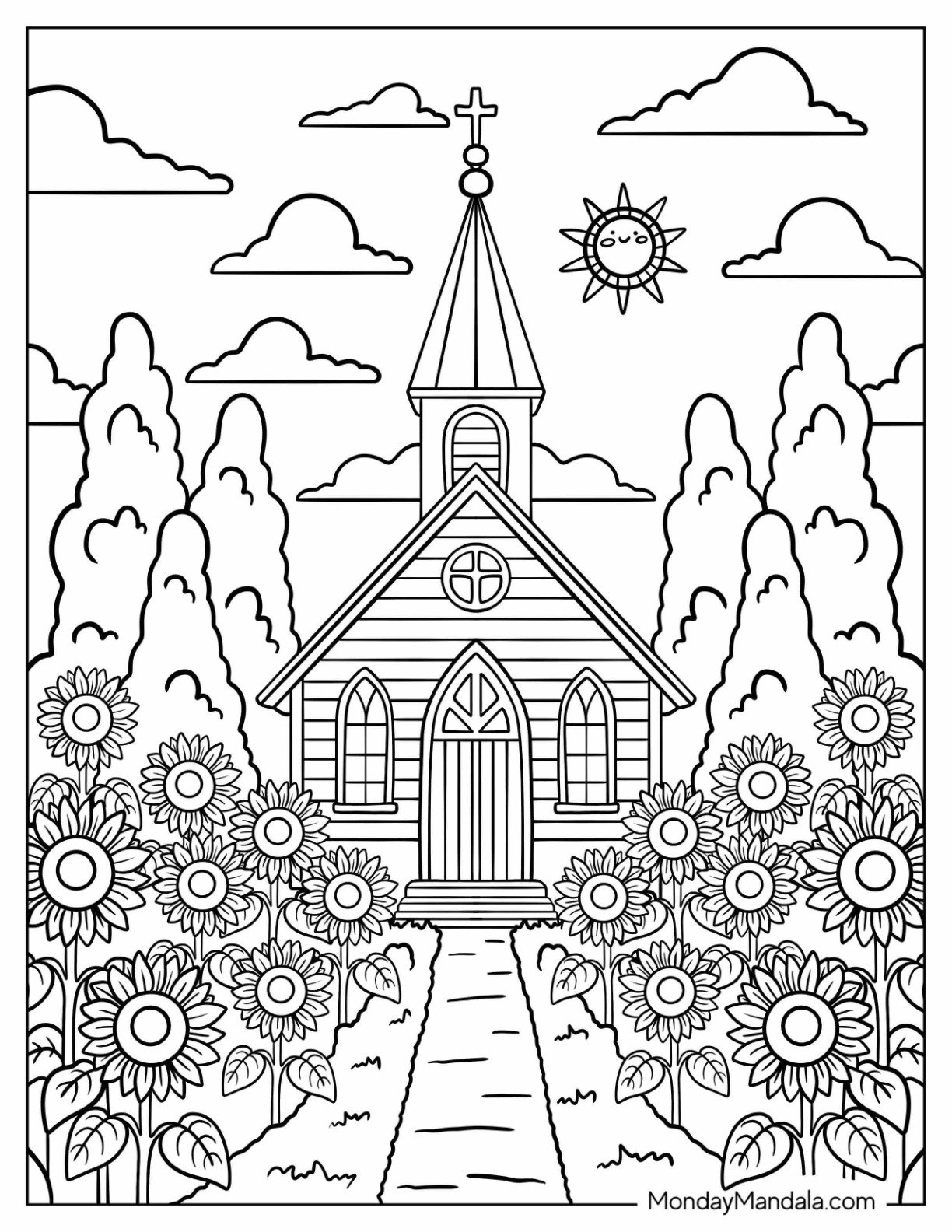 Peaceful Church Coloring Page Surrounded by Sunflowers