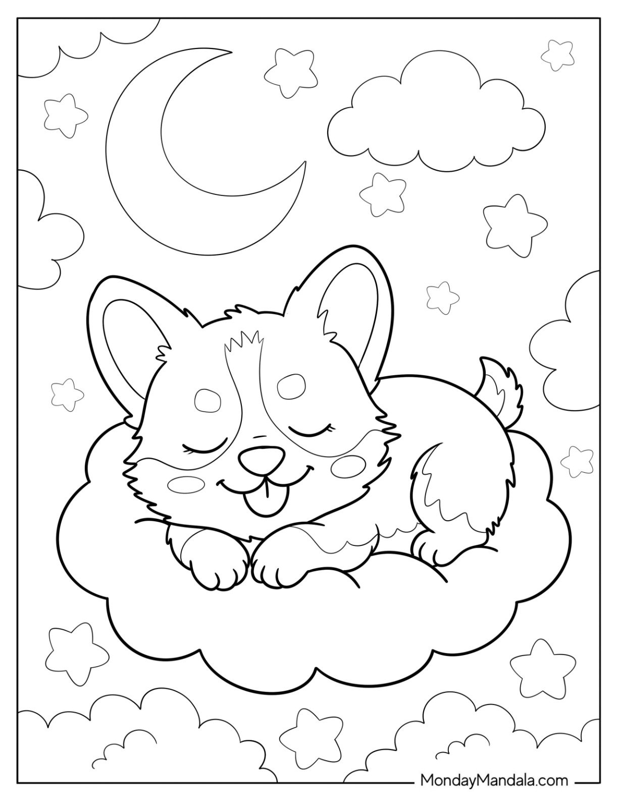 Peaceful Corgi Coloring Page Sleeping on a Cloud