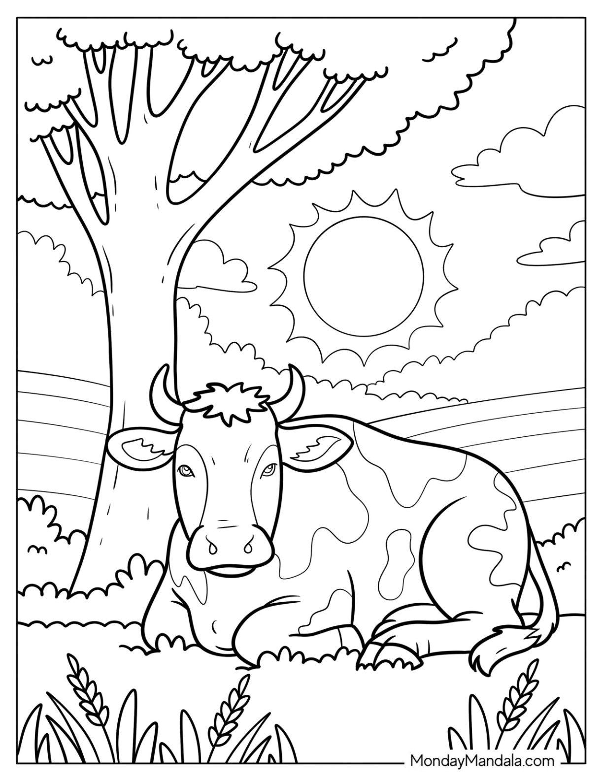 Peaceful Cow Coloring Page Resting Under A Tree On A Sunny Day
