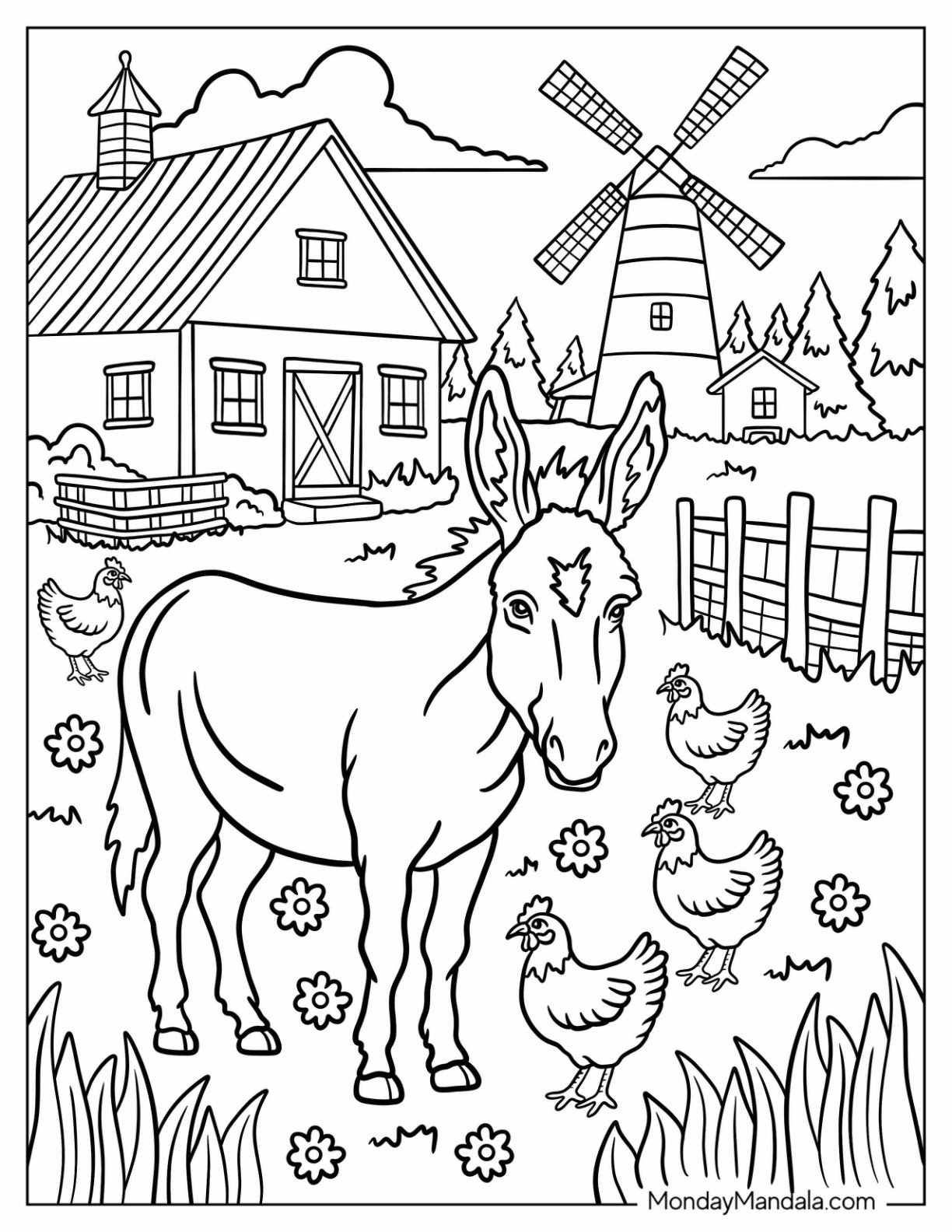 Peaceful Donkey Coloring Page by the Barn with a Windmill in the Background