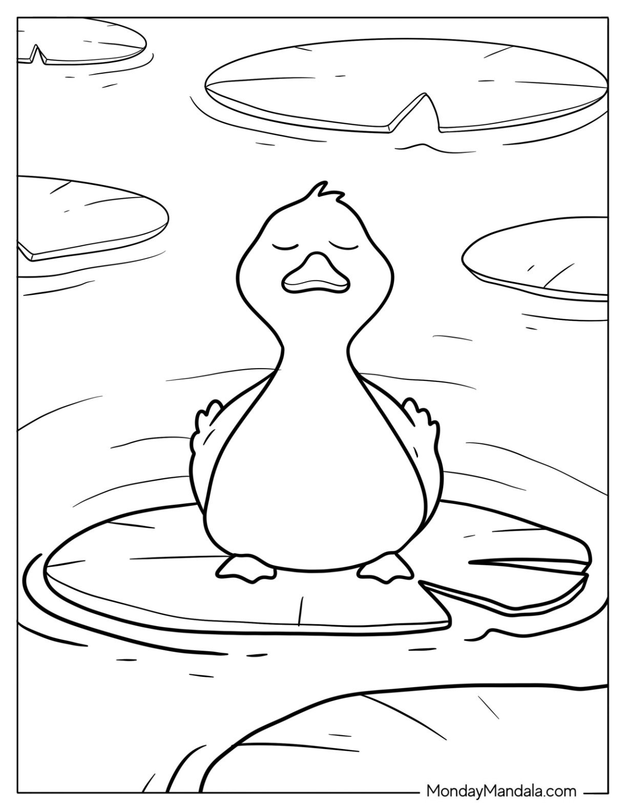 Peaceful Duck on Lily Pad in Pond Coloring Sheet For Preschoolers