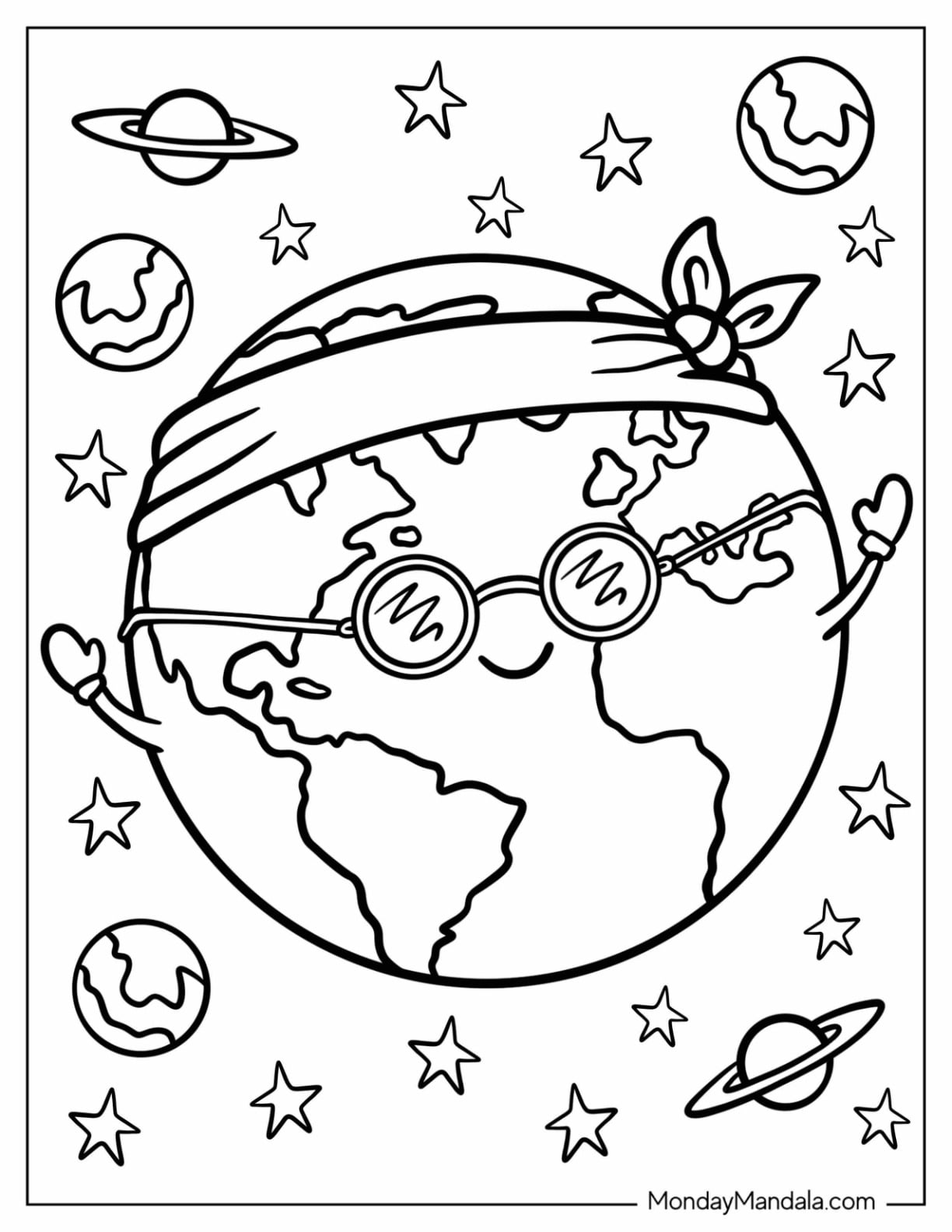Peaceful Earth Wearing a Headband and Sunglasses Coloring Page for Kids