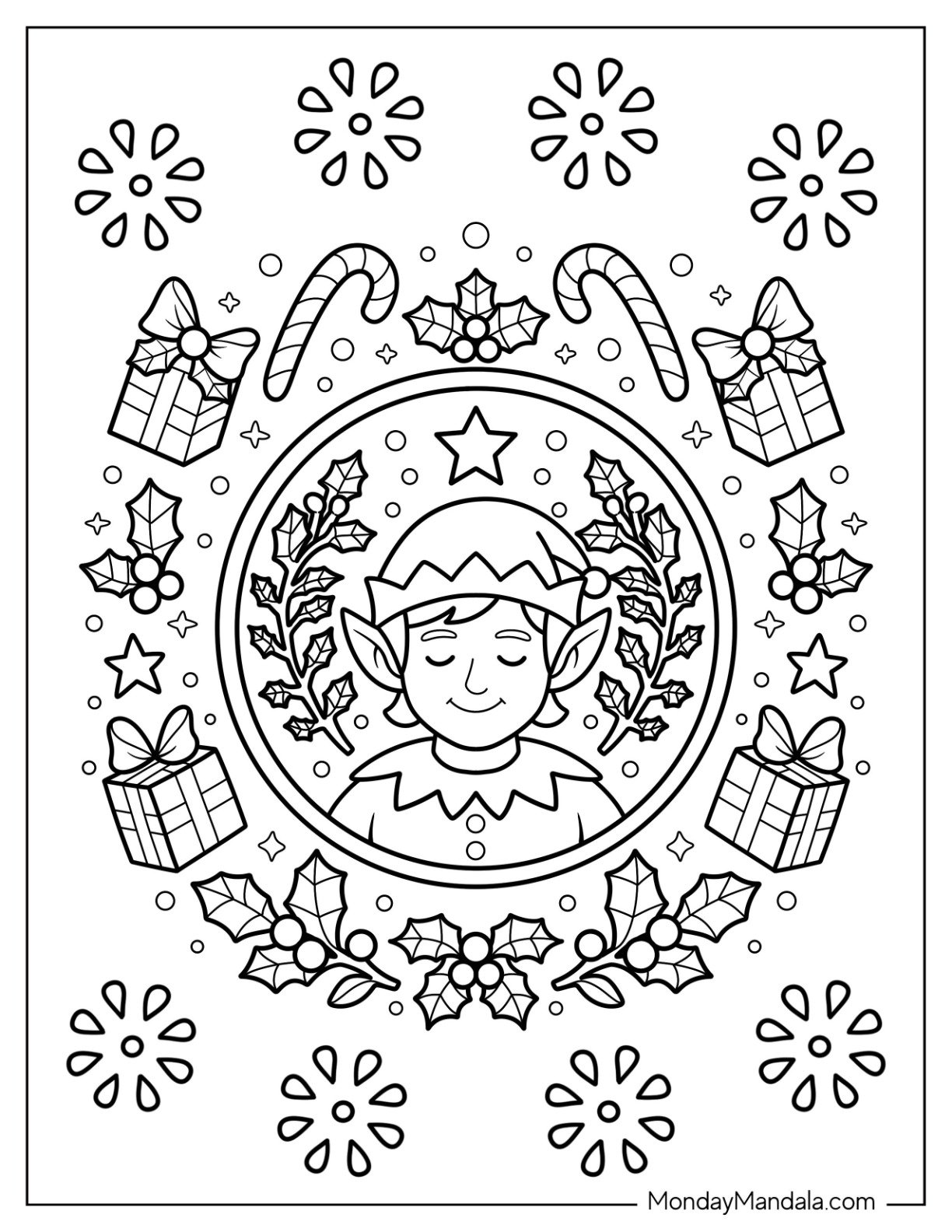 Peaceful Elf Coloring Page Surrounded by Holiday Treats and Holly