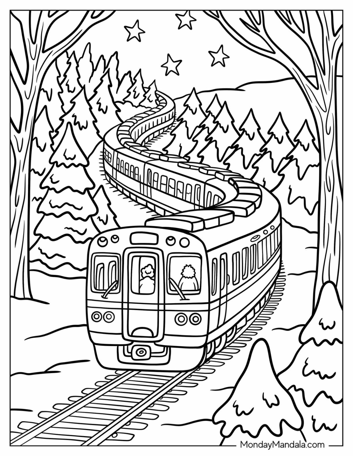 Peaceful Evening Train Coloring Page Through a Snowy Forest