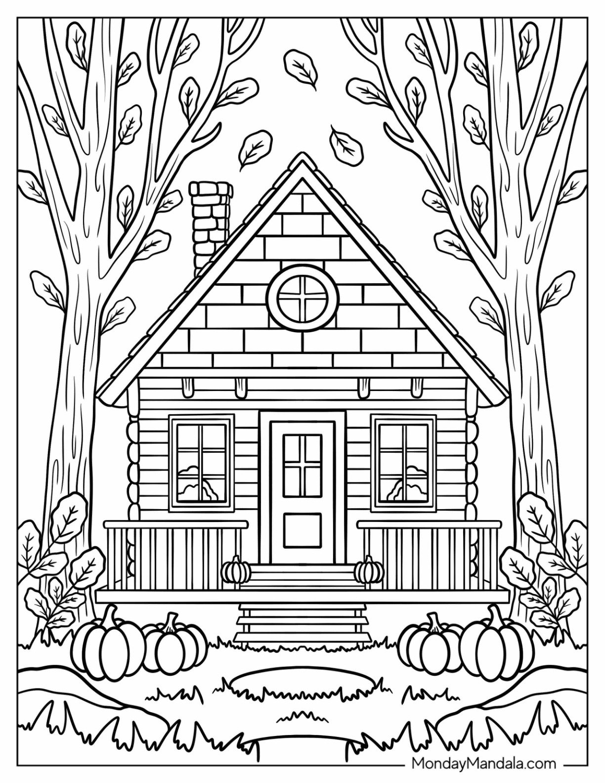 Peaceful Fall Cottage Surrounded by Leaves Coloring Sheet